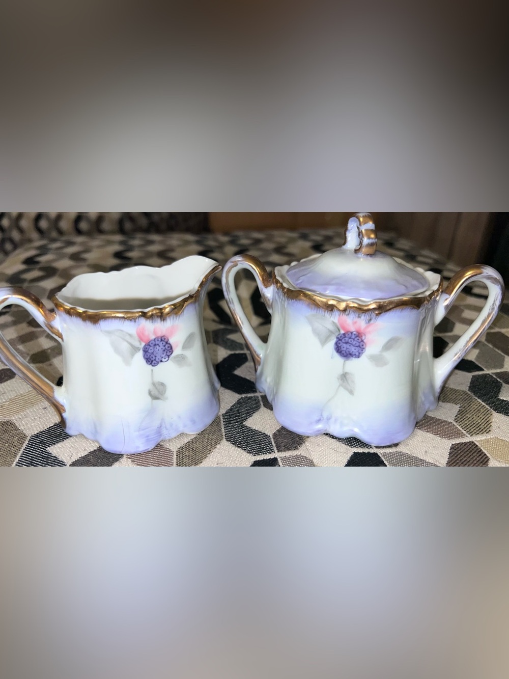 Antique BRC Bavaria Creamer & Sugar Bowl Set Floral Gold Porcelain